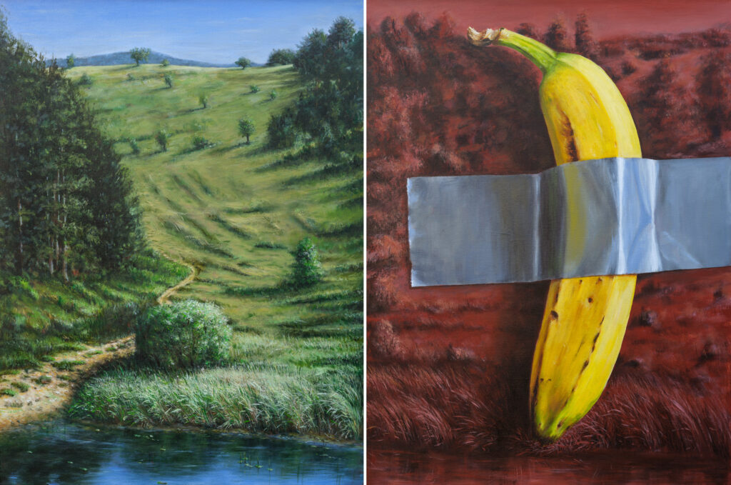 Am Giesener Teich + Panzerband am Teich, Diptychon, Acryl/Lwd, 80x120cm, 2024