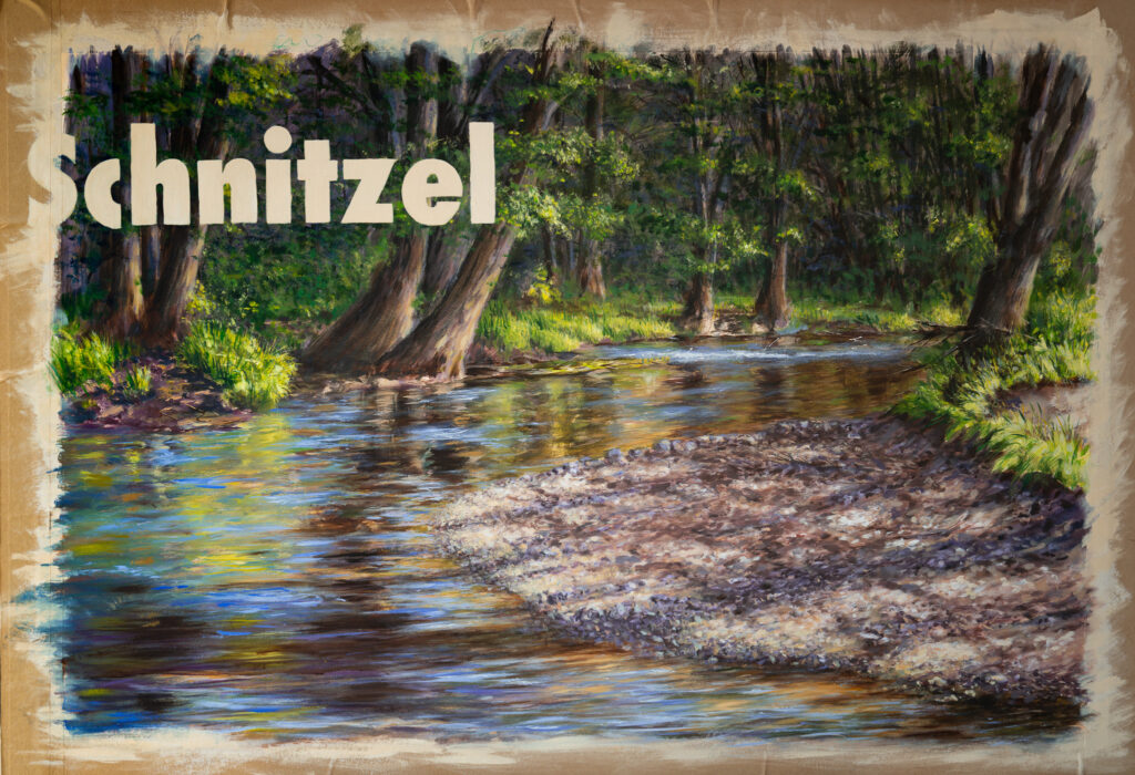 Schnitzel, 80x120cm, Acryl/Papier, 2025